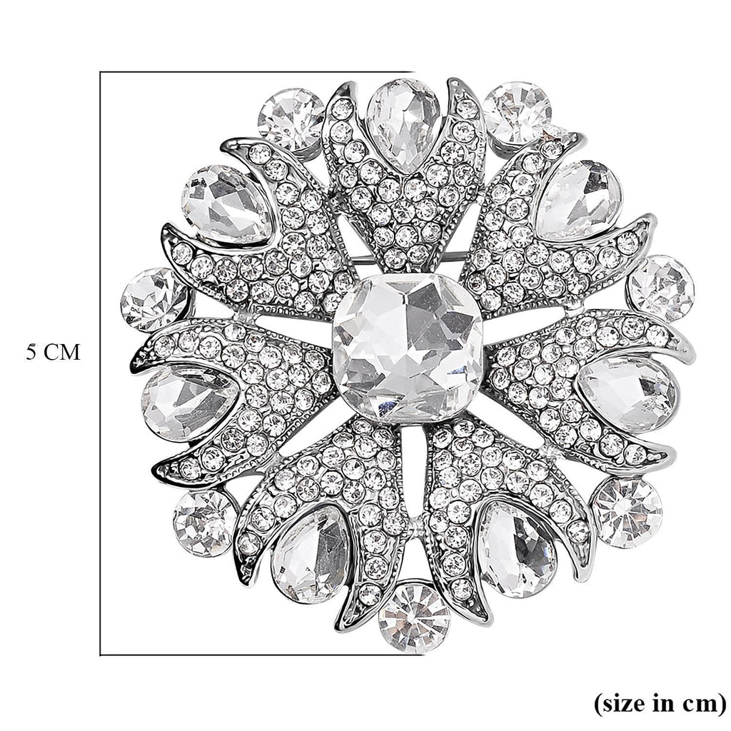 White Austrian Crystal Brooch in Silver Tone