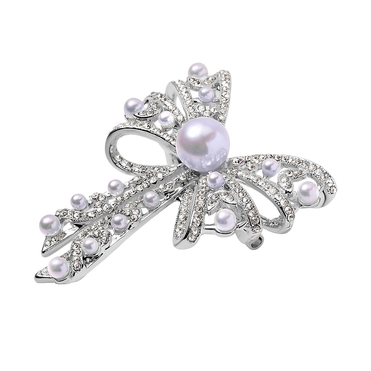 Simulated Pearl &amp; White Austrian Crystal Brooch in Silver Tone 7639664 3