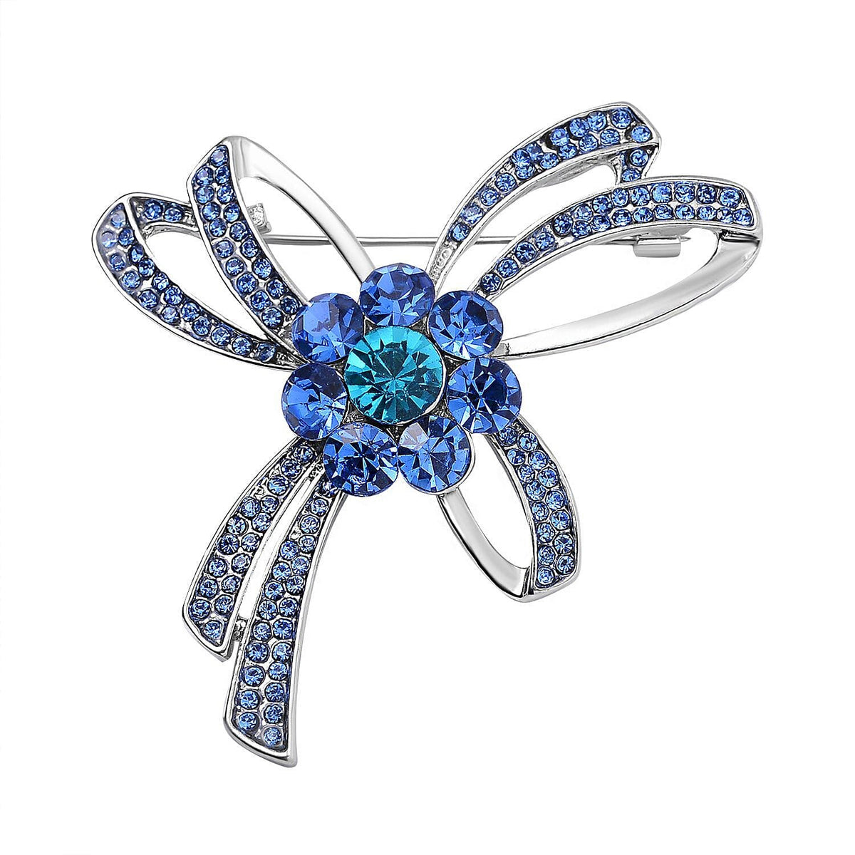 Designer Inspired - Blue Austrian Crystal Floral Brooch in Silver Tone 7639673 0