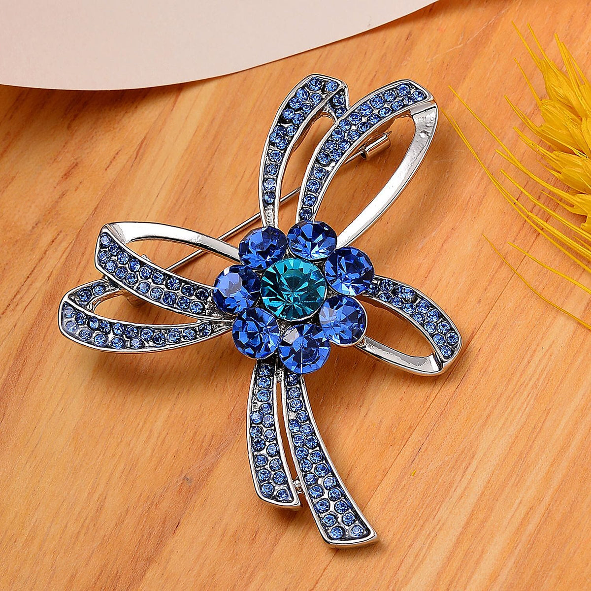 Designer Inspired - Blue Austrian Crystal Floral Brooch in Silver Tone 7639673 2