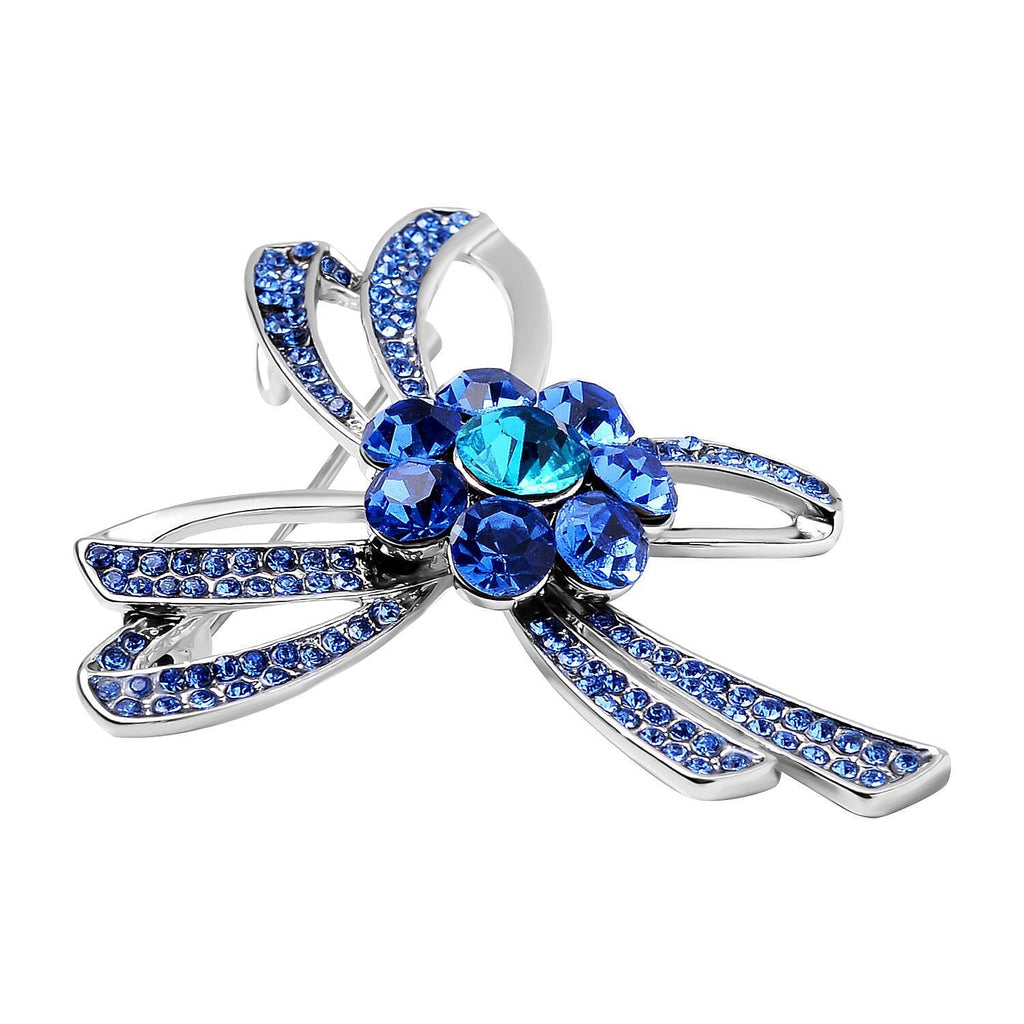 Designer Inspired - Blue Austrian Crystal Floral Brooch in Silver Tone