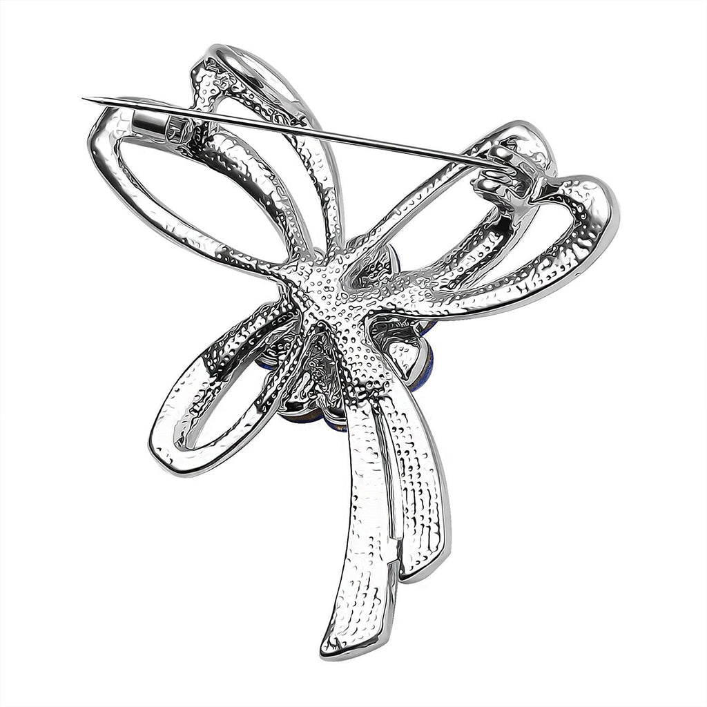 Designer Inspired - Blue Austrian Crystal Floral Brooch in Silver Tone