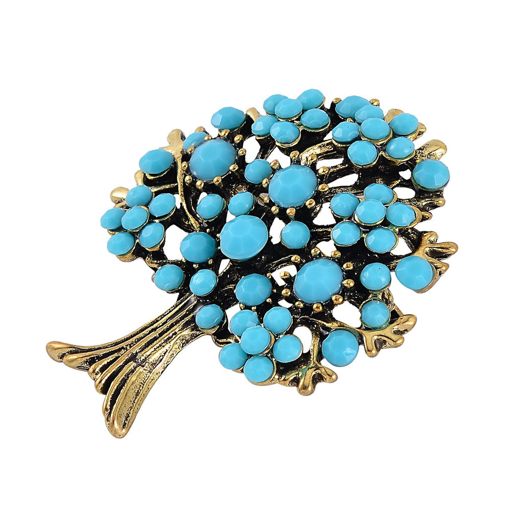 Designer Inspired - Austrian Blue Crystal Tree Brooch in Antique Gold Tone