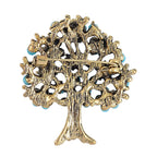 Designer Inspired - Austrian Blue Crystal Tree Brooch in Antique Gold Tone