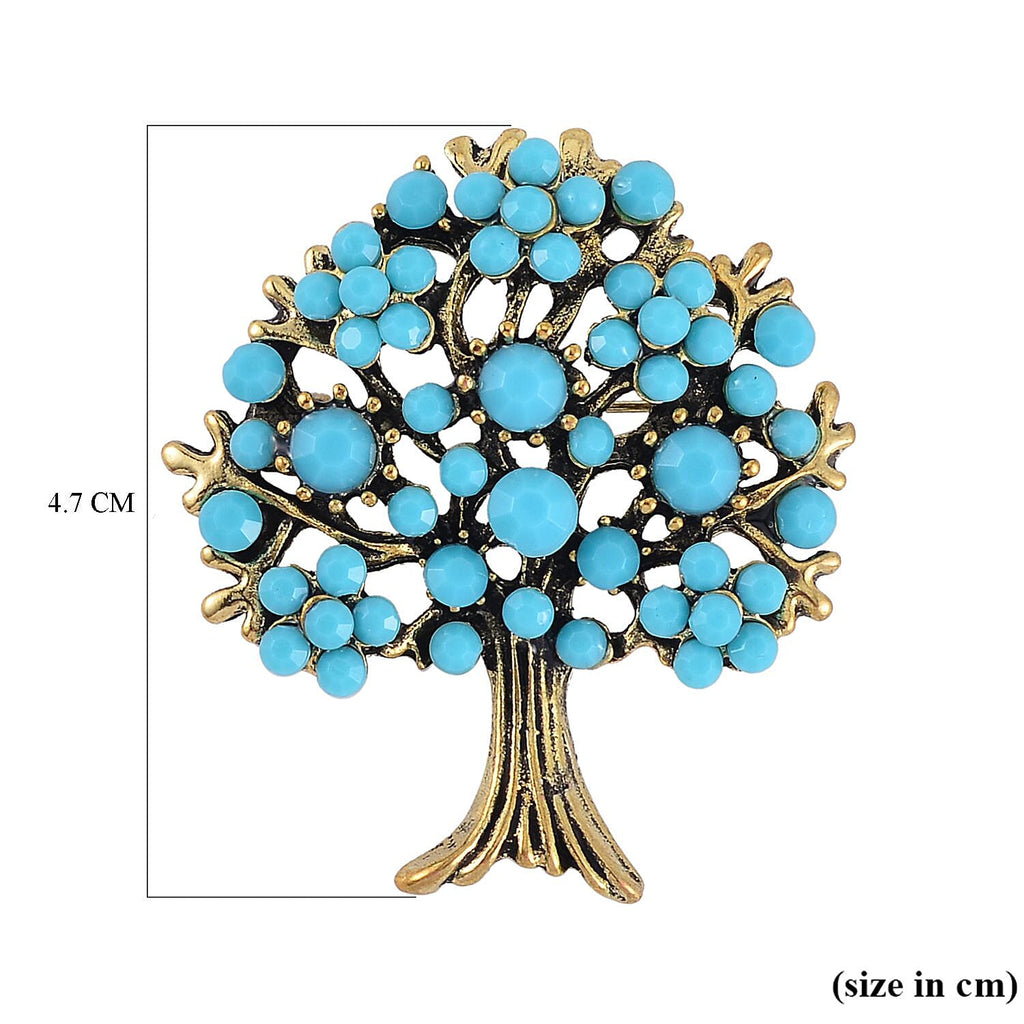 Designer Inspired - Austrian Blue Crystal Tree Brooch in Antique Gold Tone