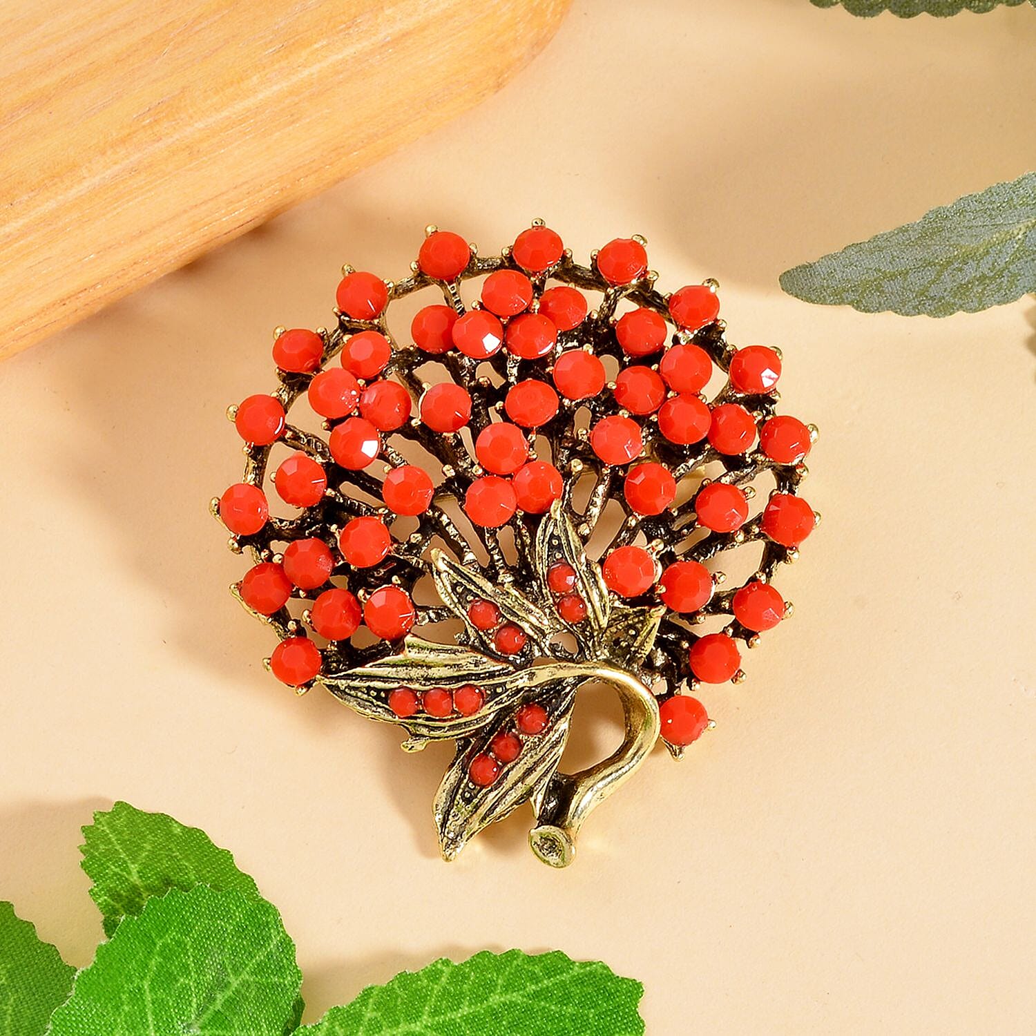 Austrian Red Crystal Brooch in Antique Gold Tone 7639832 2