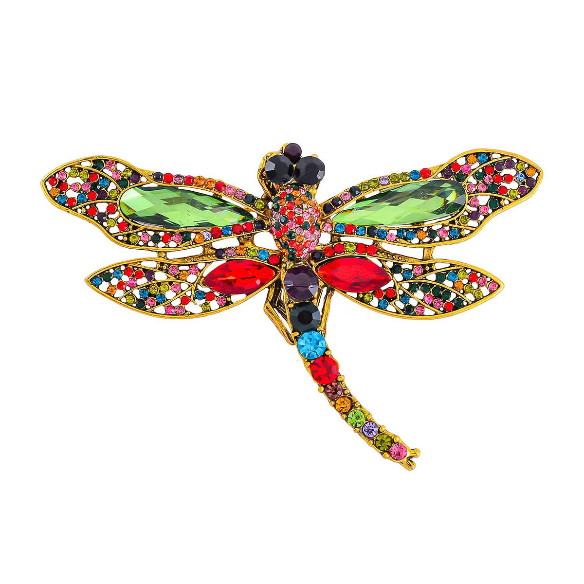 Multi Colour Austrian Crystal Dragonfly Brooch in Antique Gold Tone 7640095 0