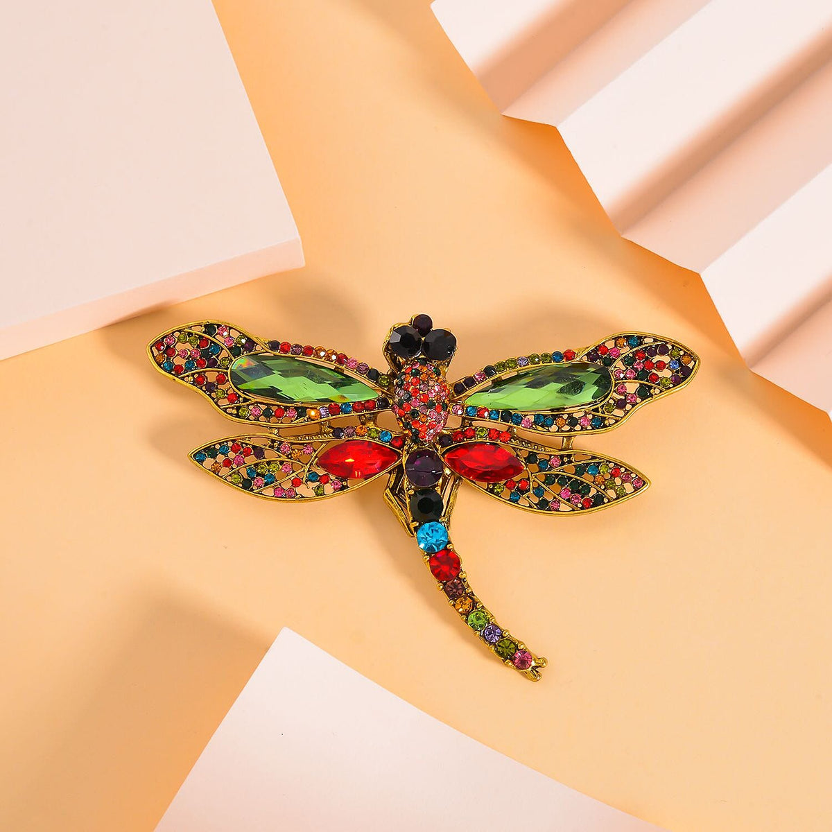 Multi Colour Austrian Crystal Dragonfly Brooch in Antique Gold Tone 7640095 1