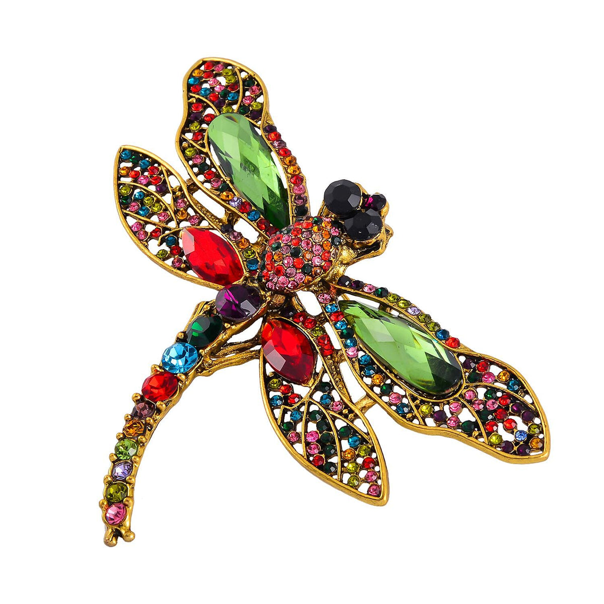 Multi Colour Austrian Crystal Dragonfly Brooch in Antique Gold Tone 7640095 2
