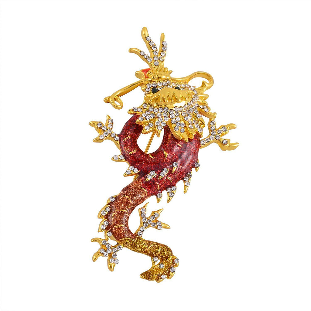 Designer Inspired - Austrian Green Crystal & White Crystal Enamelled Dragon Brooch in Yellow Gold Tone