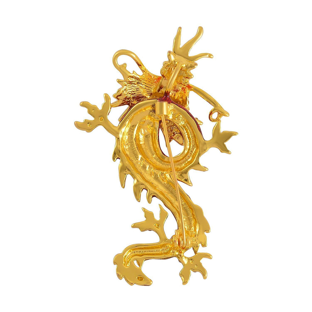 Designer Inspired - Austrian Green Crystal & White Crystal Enamelled Dragon Brooch in Yellow Gold Tone