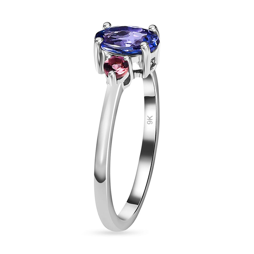 Valentines Special 9K White Gold AA Tanzanite & Pink Tourmaline Ring