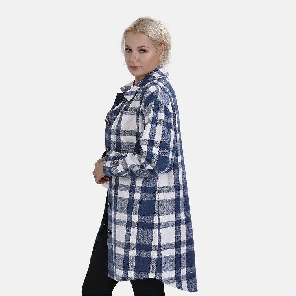 TAMSY Brushed Checked Long Length Shacket (Size L) - Blue