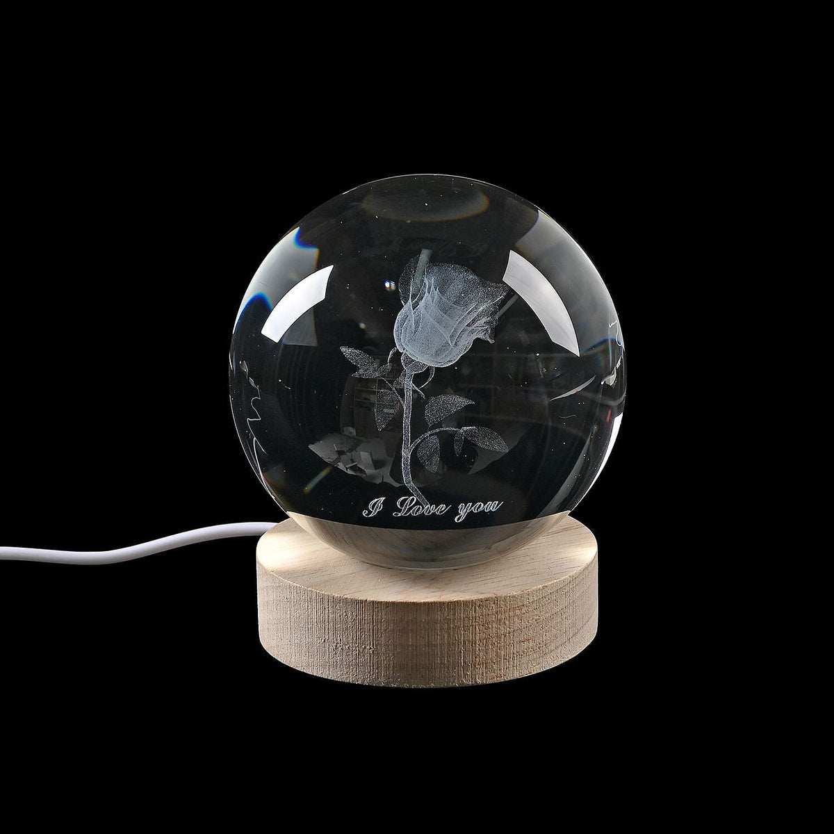 Laser Etched Rose Crystal Ball with Wood Base &amp; Color Changing LED Lights 7645510 0