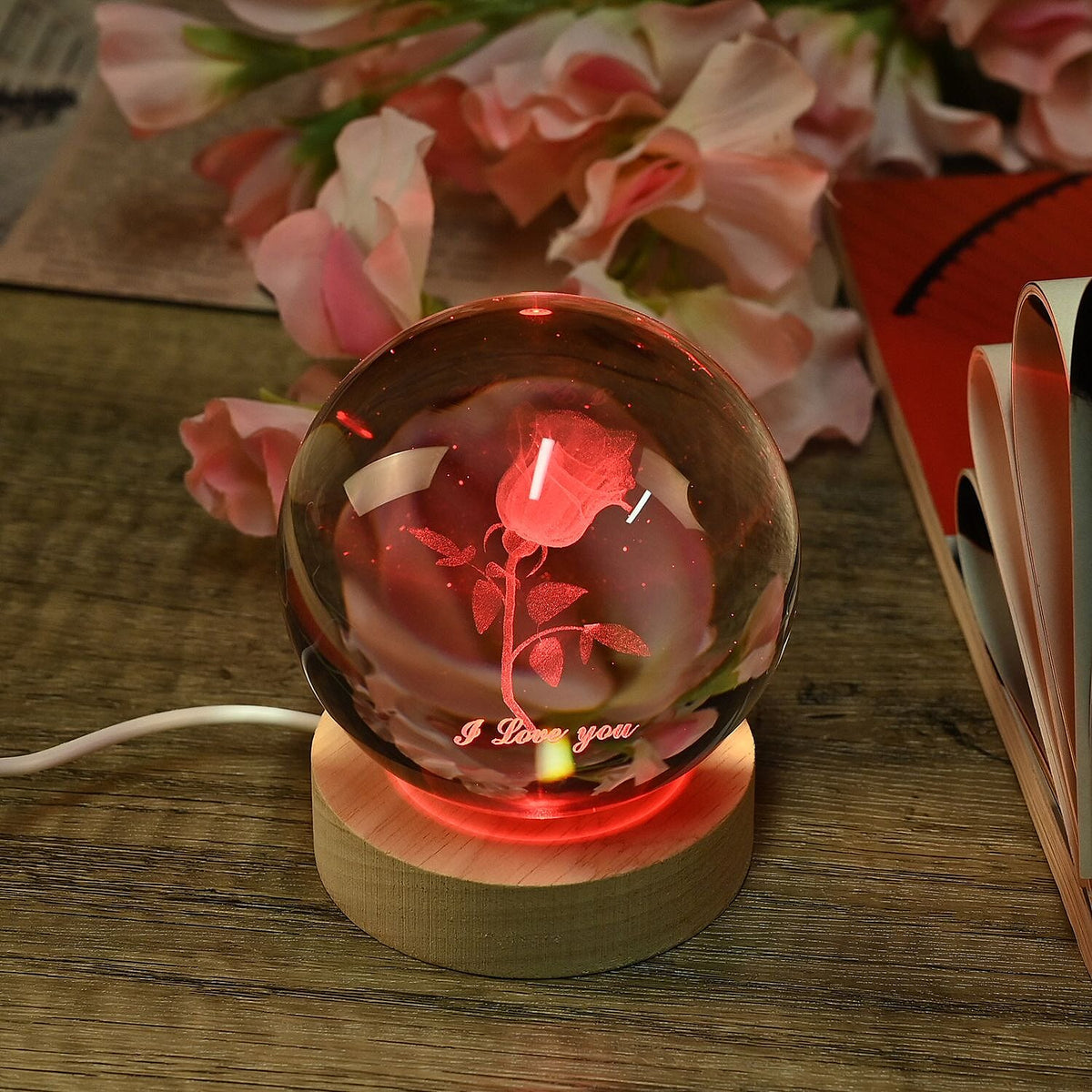 Laser Etched Rose Crystal Ball with Wood Base &amp; Color Changing LED Lights 7645510 1