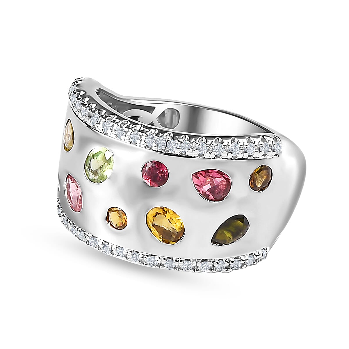 Multi-Tourmaline , White Zircon Ring in Platinum Overlay Sterling Silver 1.55 ct, Silver Wt. 6.19 Gms 1.616 Ct. 7645726 0