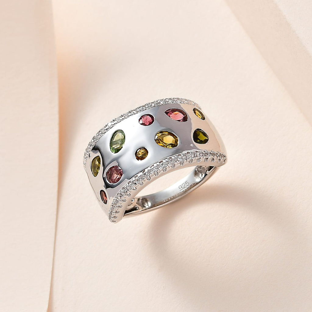 Multi-Tourmaline & Natural Zircon Band Ring in Platinum Overlay Sterling Silver 1.60 Ct, Silver Wt. 6.80 Gms