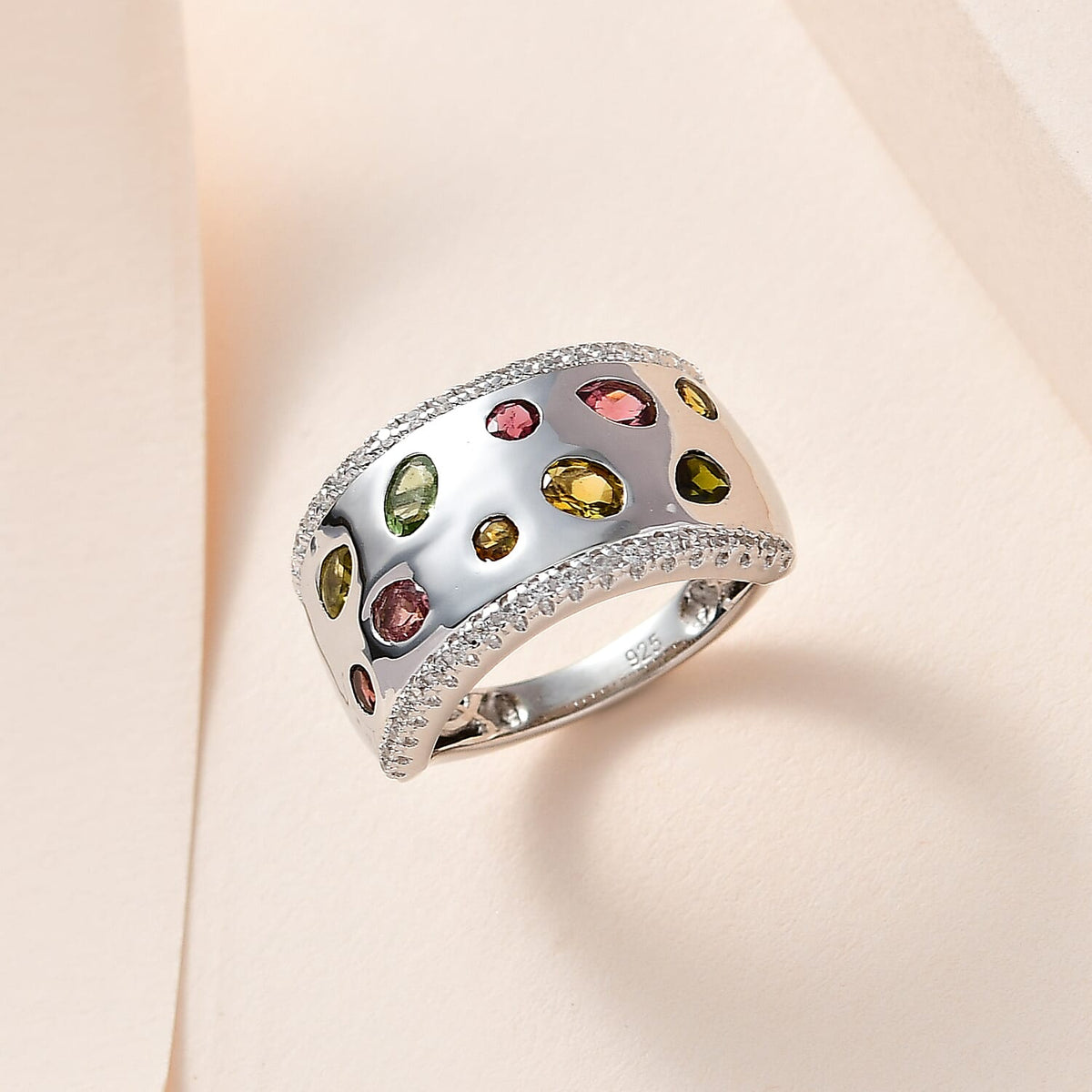 Multi-Tourmaline , White Zircon Ring in Platinum Overlay Sterling Silver 1.55 ct, Silver Wt. 6.19 Gms 1.616 Ct. 7645726 1