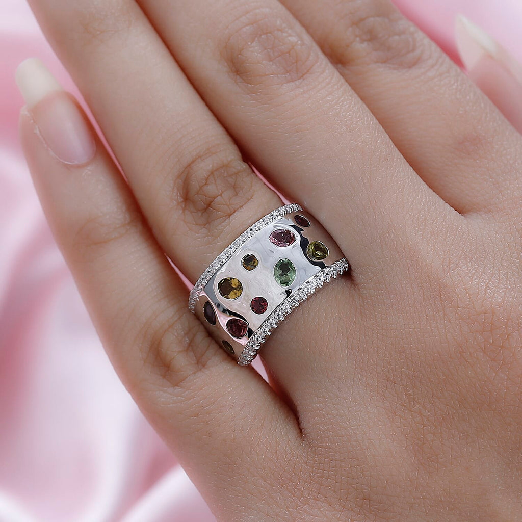 Multi-Tourmaline & Natural Zircon Band Ring in Platinum Overlay Sterling Silver 1.60 Ct, Silver Wt. 6.80 Gms