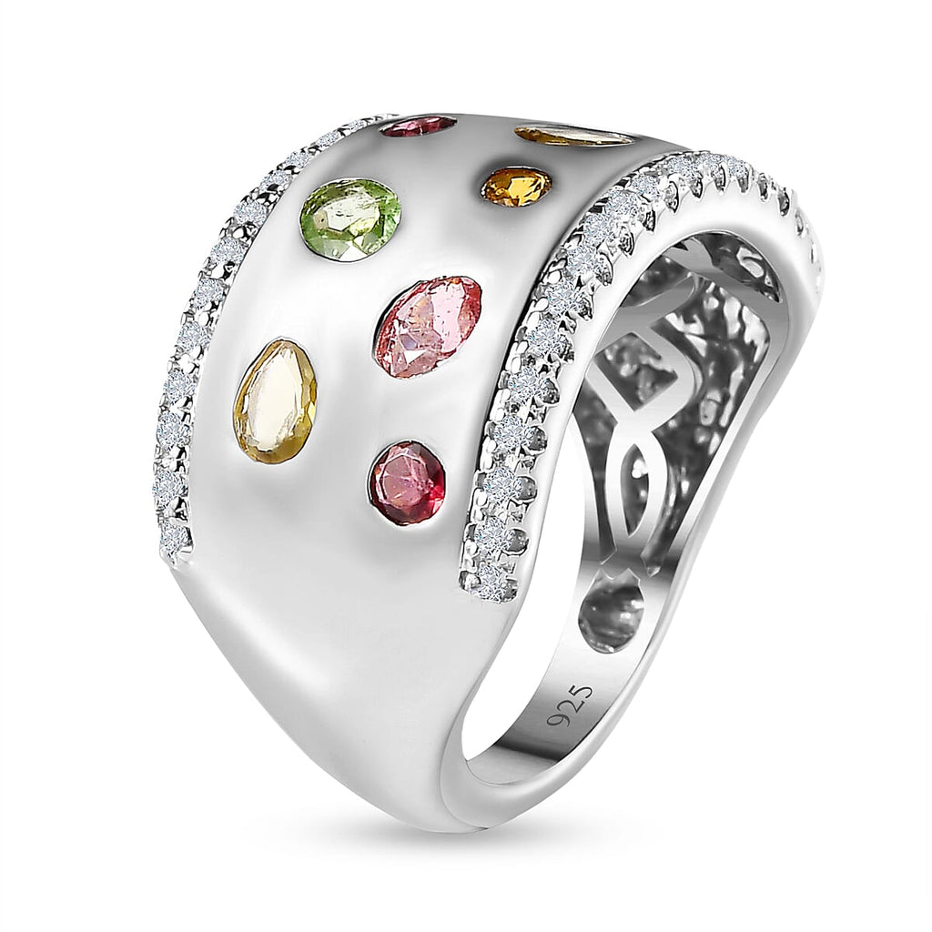 Multi-Tourmaline & Natural Zircon Band Ring in Platinum Overlay Sterling Silver 1.60 Ct, Silver Wt. 6.80 Gms