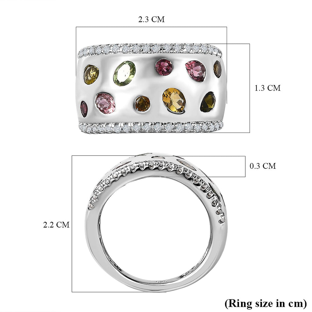 Multi-Tourmaline & Natural Zircon Band Ring in Platinum Overlay Sterling Silver 1.60 Ct, Silver Wt. 6.80 Gms