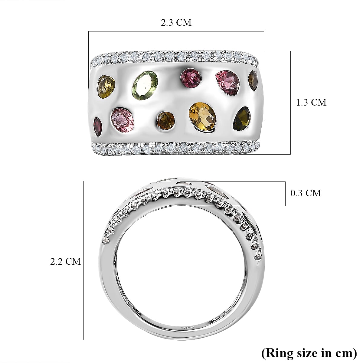 Multi-Tourmaline , White Zircon Ring in Platinum Overlay Sterling Silver 1.55 ct, Silver Wt. 6.19 Gms 1.616 Ct. 7645726 5