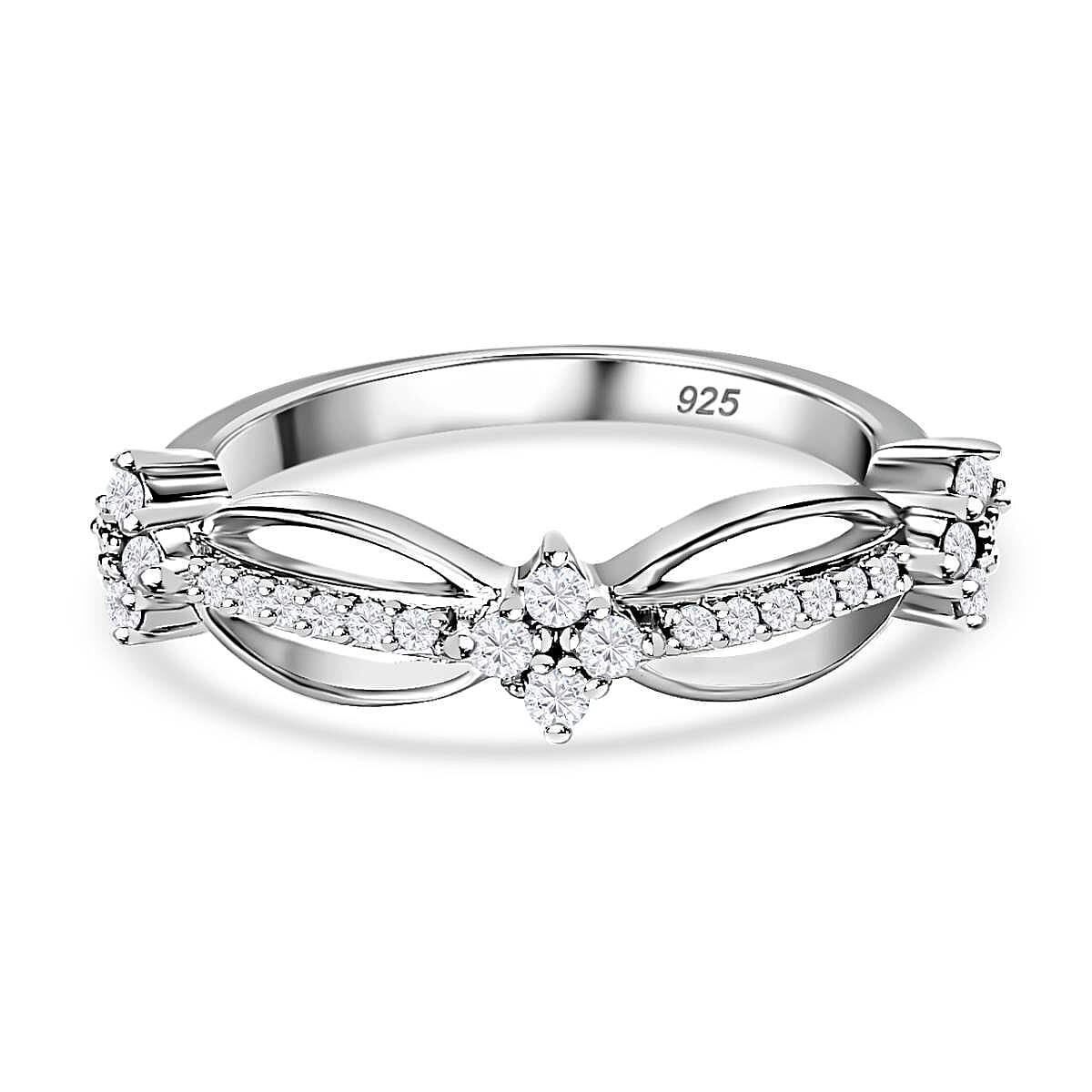 Diamond Floral Wave Band Ring in Platinum Overlay Sterling Silver 7647626 0