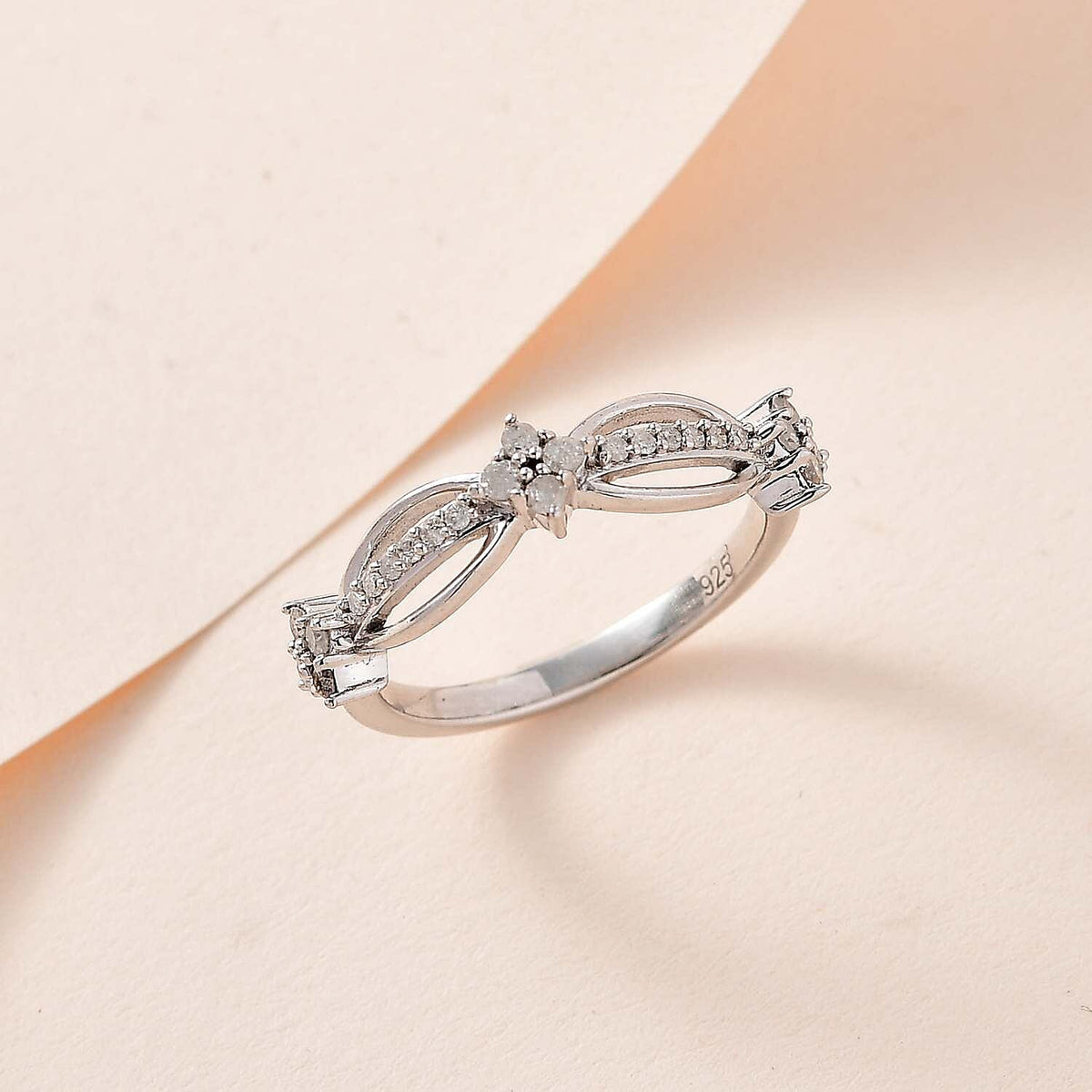 Diamond Floral Wave Band Ring in Platinum Overlay Sterling Silver 7647626 1