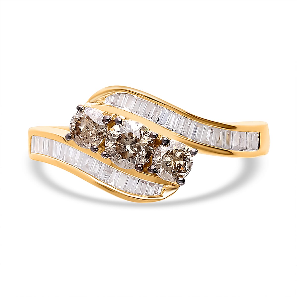 9K Yellow Gold SGL Certified Natural Champagne Diamond Trilogy &amp; White Diamond Bypass Ring 1.00 Ct 7652264 0