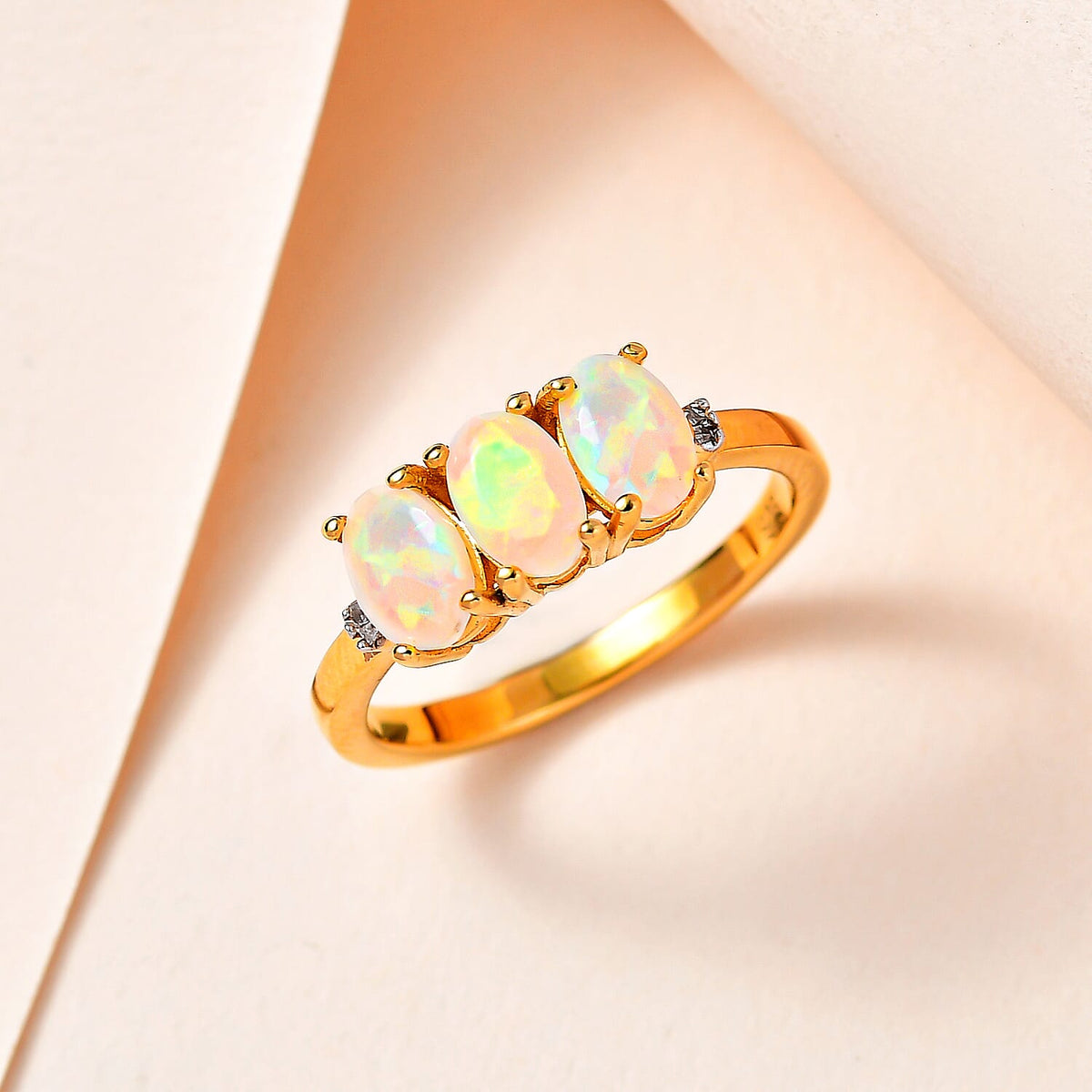 Ethiopian Welo Opal &amp; Diamond Ring in 18K Yellow Gold Vermeil Plated Sterling Silver 0.93 Ct. 7652430 1
