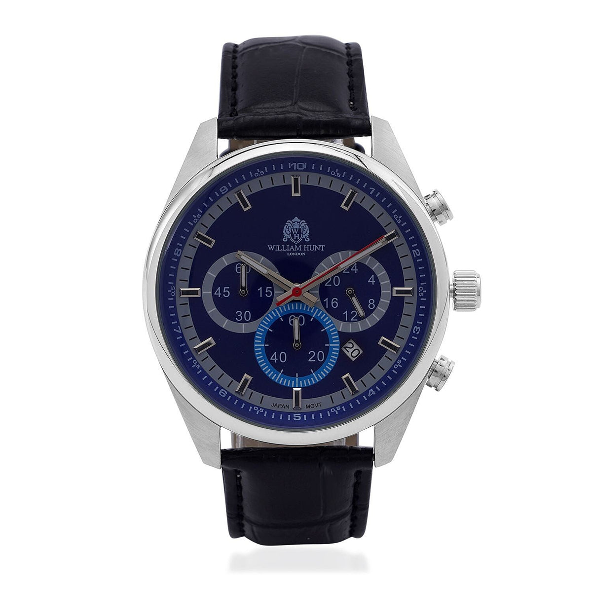 William Hunt Blue Dial Multifunctional Japanese VD3 Movement Stainless Steel Watch with Black Leather Belt 7653271 0
