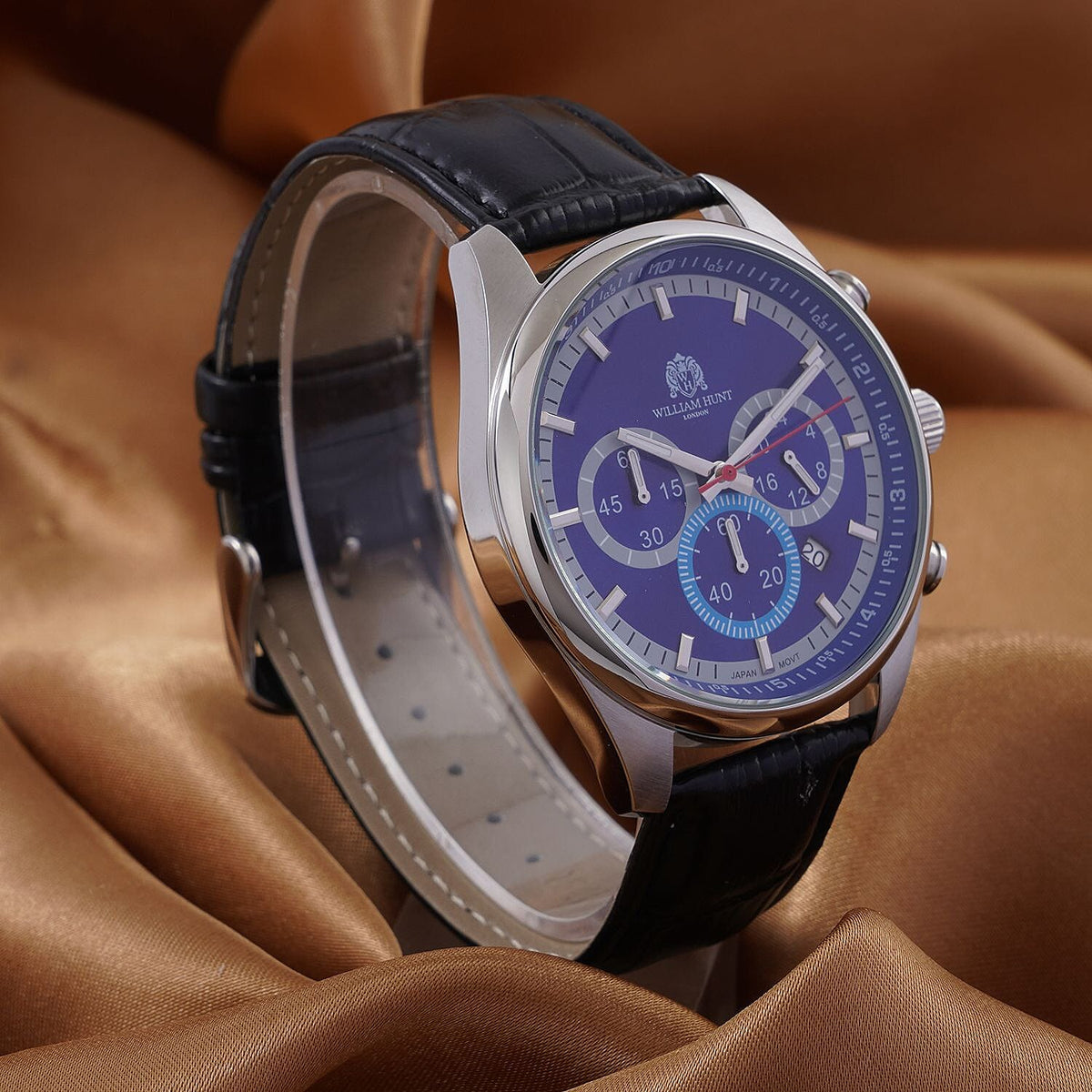 William Hunt Blue Dial Multifunctional Japanese VD3 Movement Stainless Steel Watch with Black Leather Belt 7653271 1