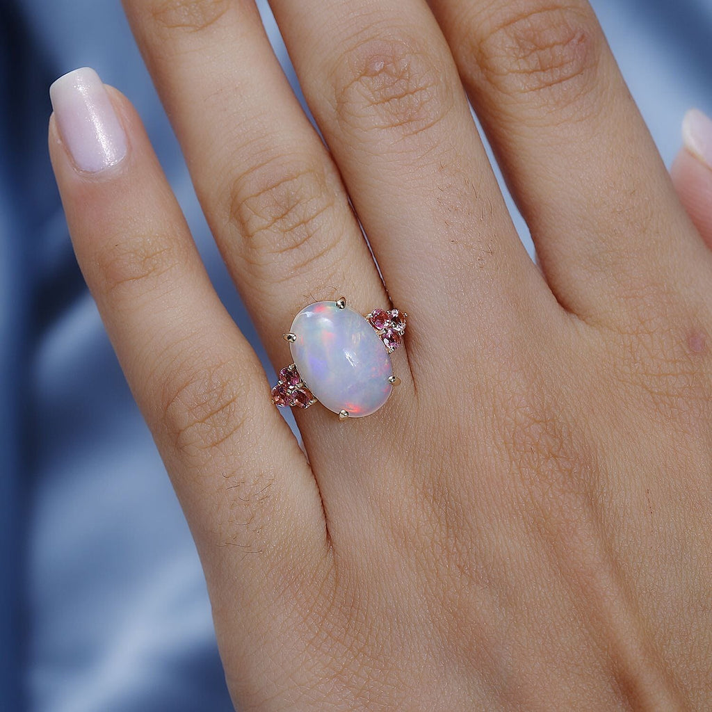 9K Yellow Gold Ethiopian Welo Opal & Pink Tourmaline Ring 4.60 Ct.
