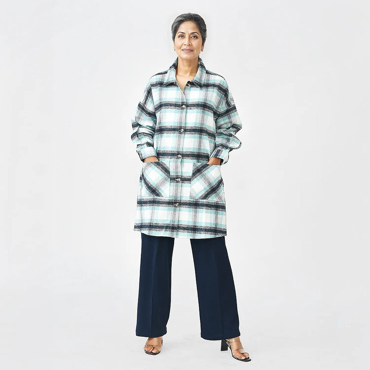 Closeout Deal - 100% Cotton Check Shacket With Two Pockets (Size L) - Teal &amp; Black 7656612 0
