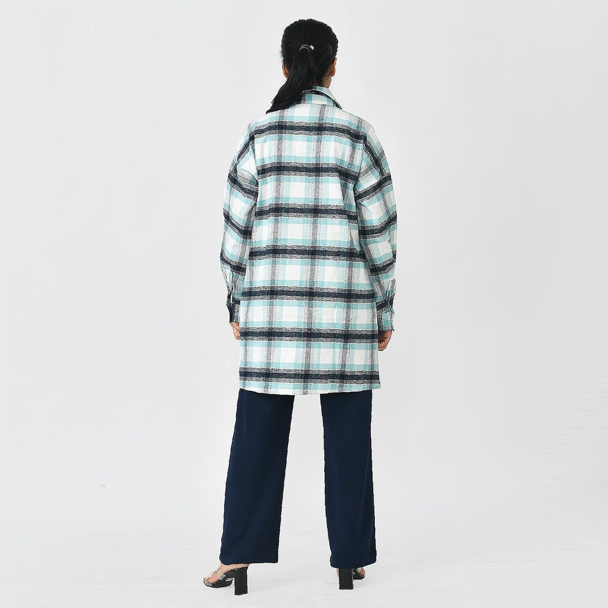 Closeout Deal - 100% Cotton Check Shacket With Two Pockets (Size L) - Teal &amp; Black 7656612 2