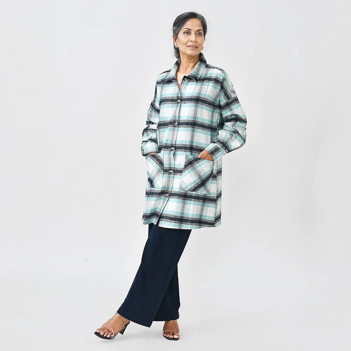 Closeout Deal - 100% Cotton Check Shacket With Two Pockets (Size L) - Teal &amp; Black 7656612 3
