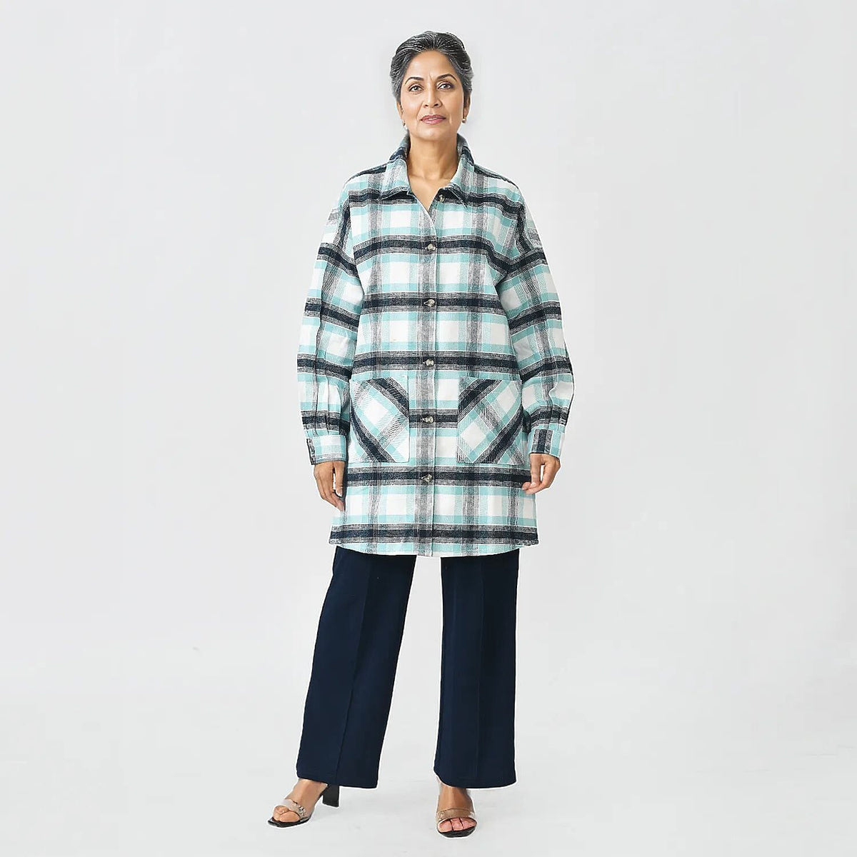 Closeout Deal - 100% Cotton Check Shacket With Two Pockets (Size L) - Teal &amp; Black 7656612 4