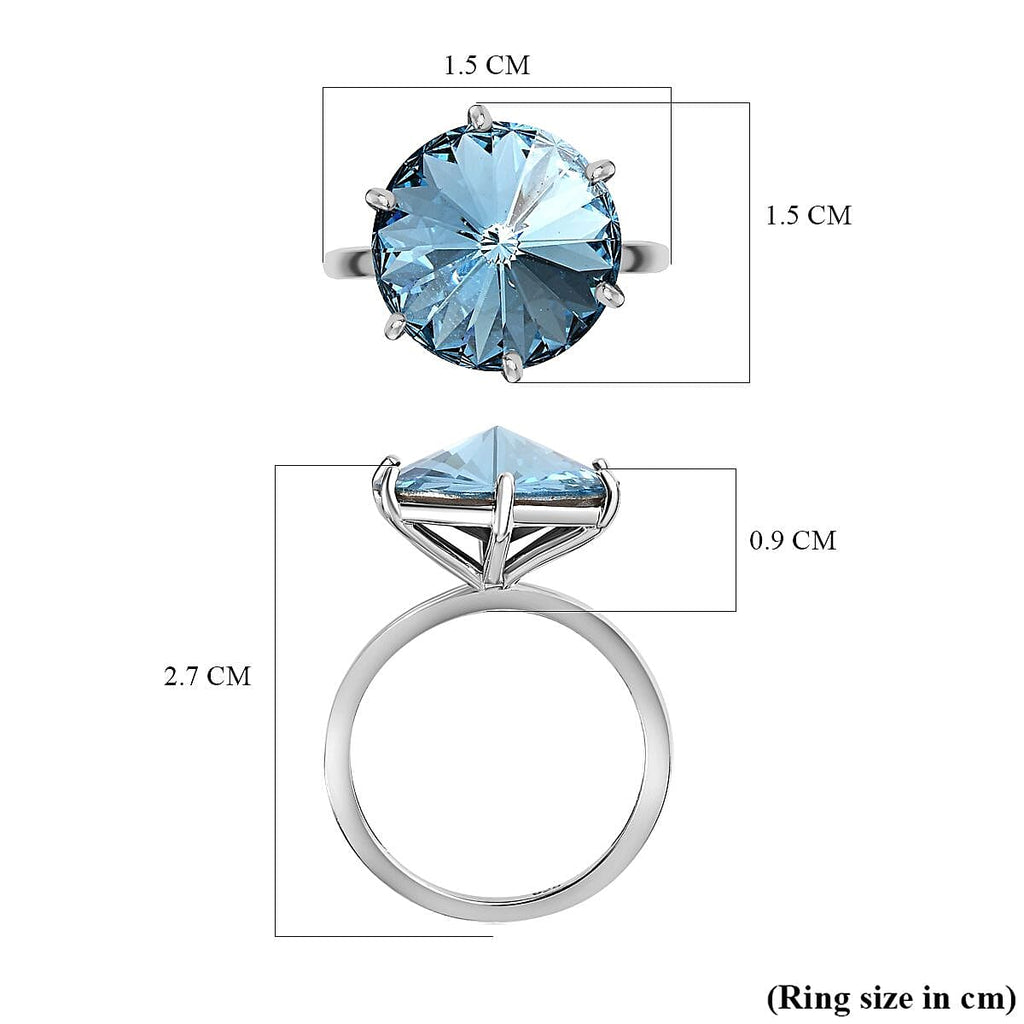 Close Out- Aquamarine Finest Austrian Crystal Solitaire Ring in Platinum Overlay Sterling Silver