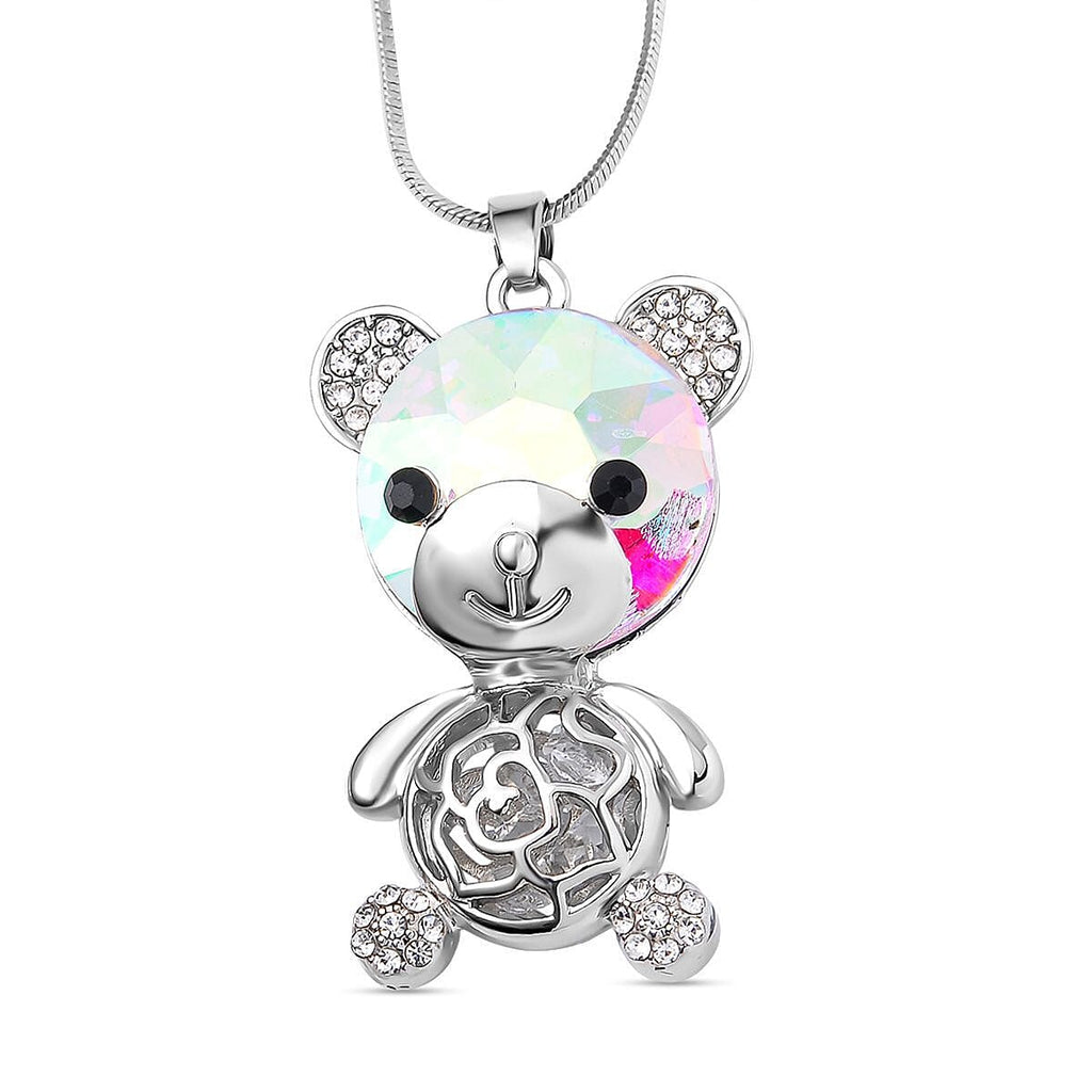 Multi Colour Austrian Crystal Teddy Pendant With Chain (Size - 24-2 Ext) in Silver Tone
