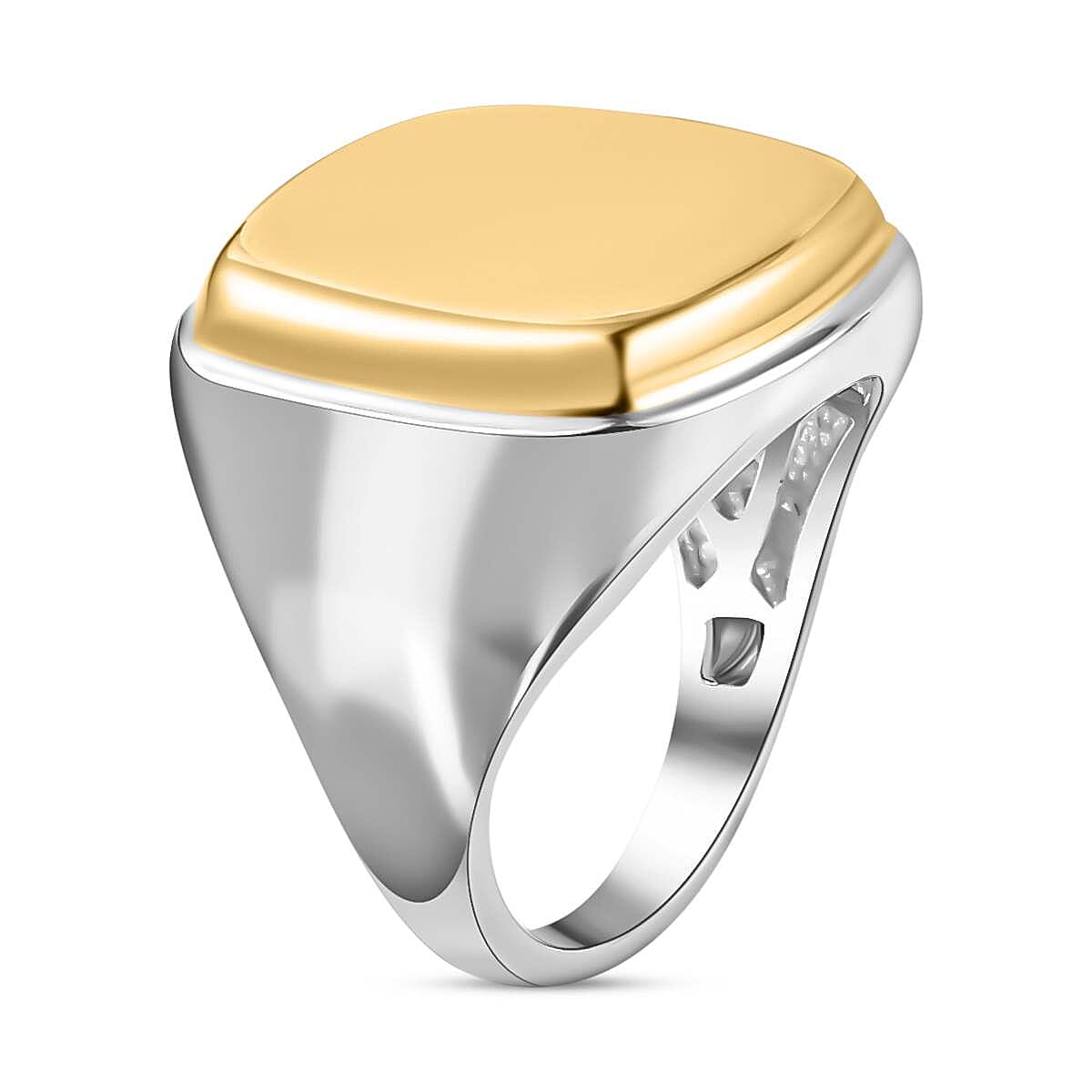 Designer Inspired- Square Signet Ring in Two Tone Plated Sterling Silver, Silver Wt 7.40 GM 7659207 7