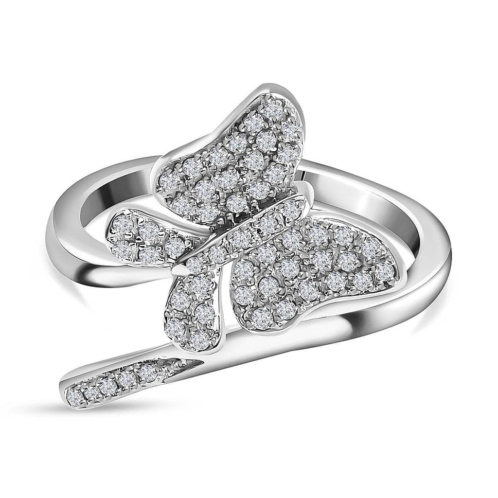 Diamond Butterfly Bypass Ring in Platinum Overlay Sterling Silver 0.26 Ct