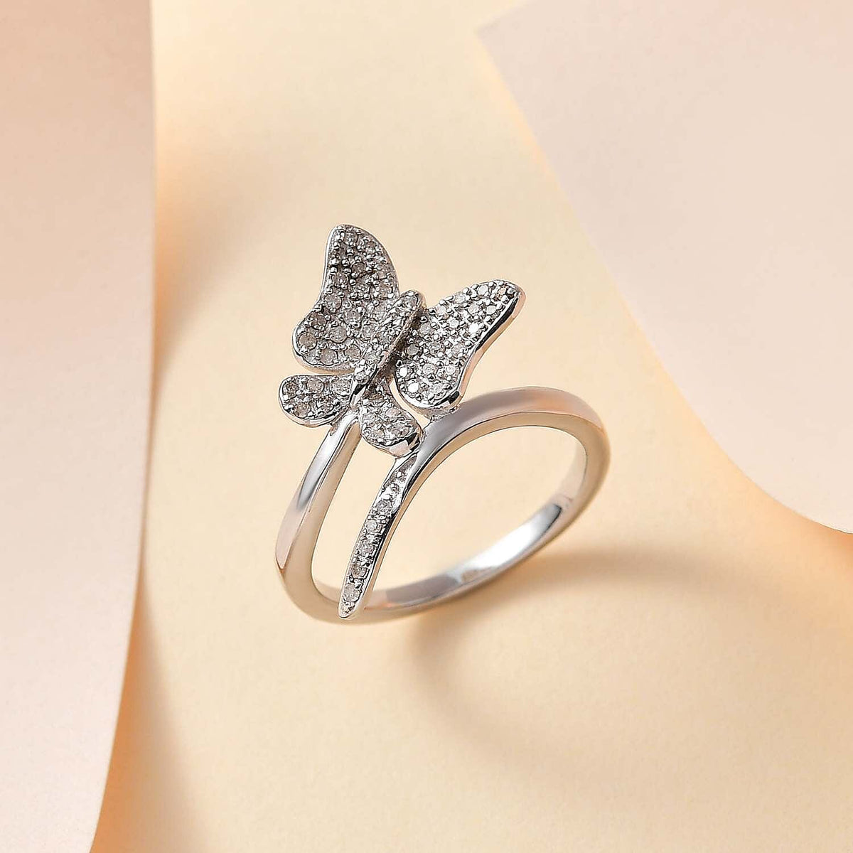 White Diamond Butterfly Ring in Platinum Overlay Sterling Silver 0.26 ct 0.253 Ct. 7659575 1