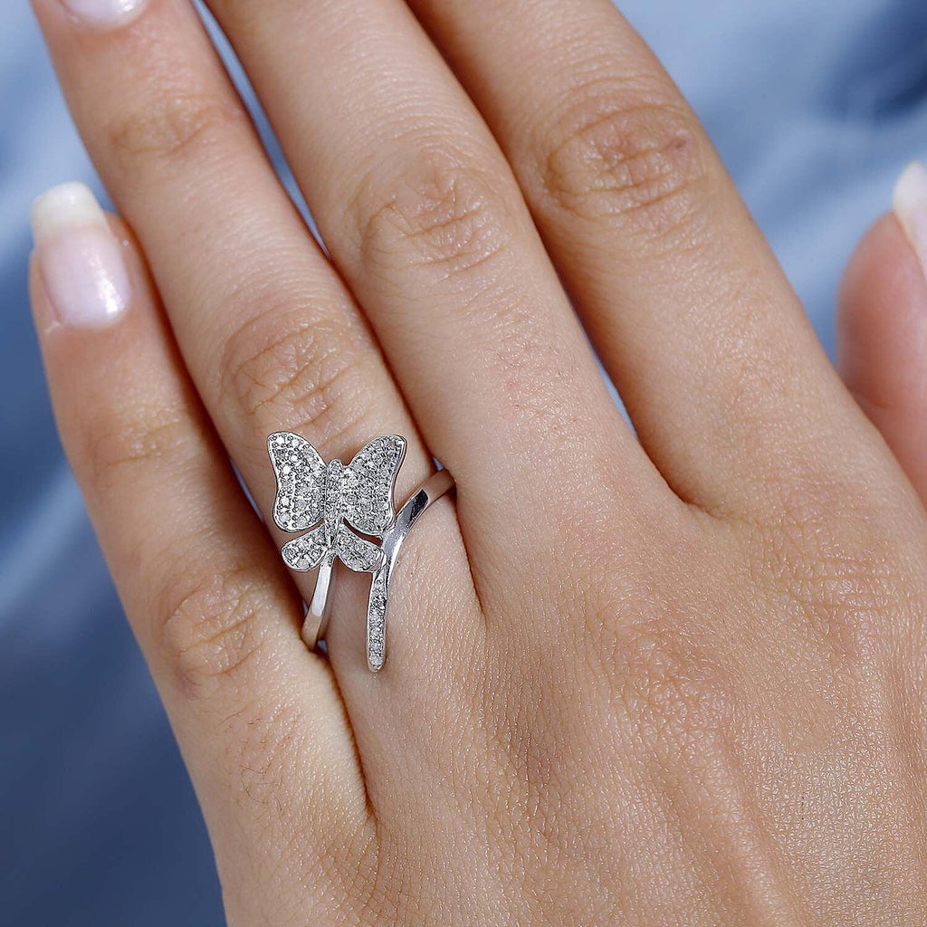 Diamond Butterfly Bypass Ring in Platinum Overlay Sterling Silver 0.26 Ct