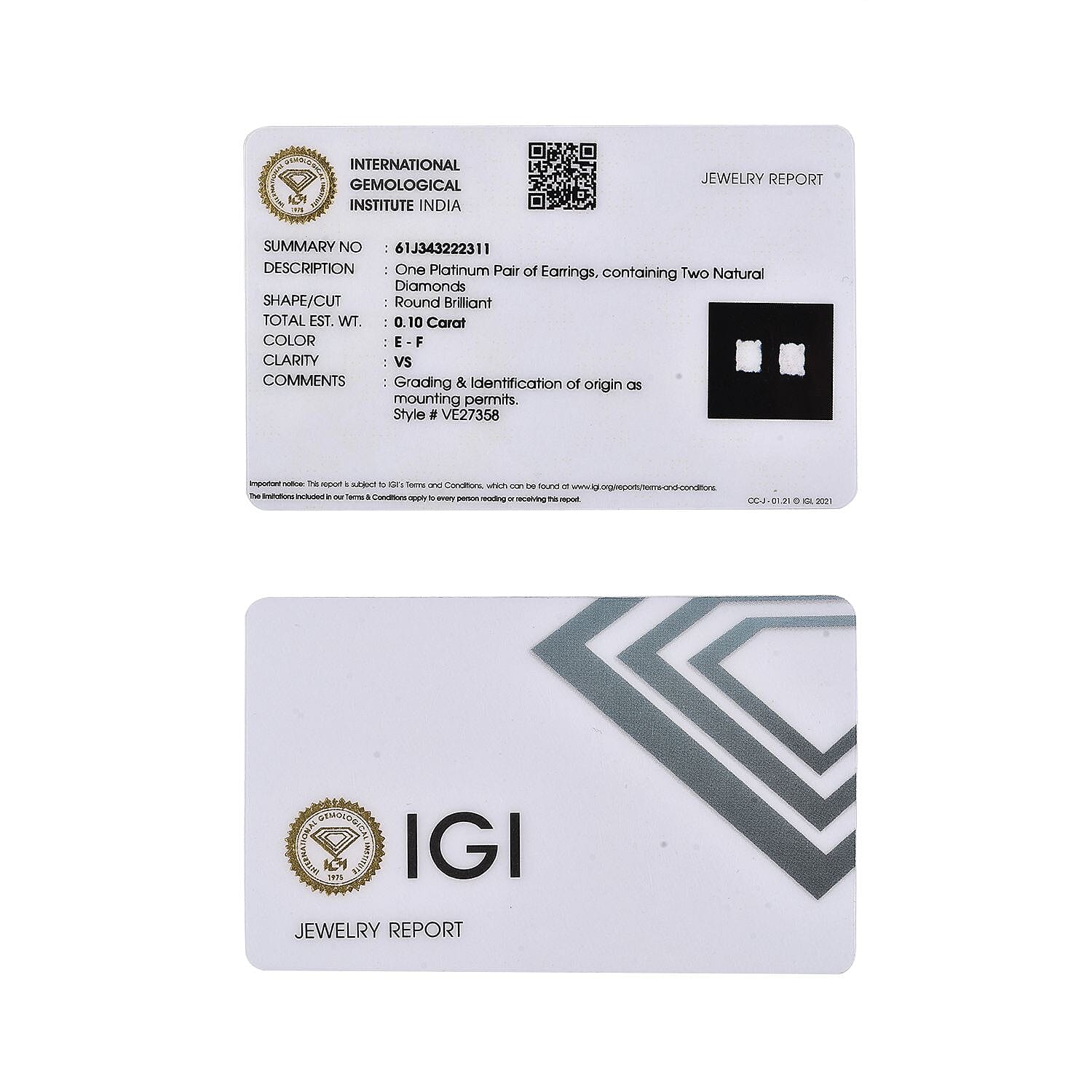950 Platinum IGI Certified Diamond (VS-E-F) Stud Solitaire Earrings 7663938 7