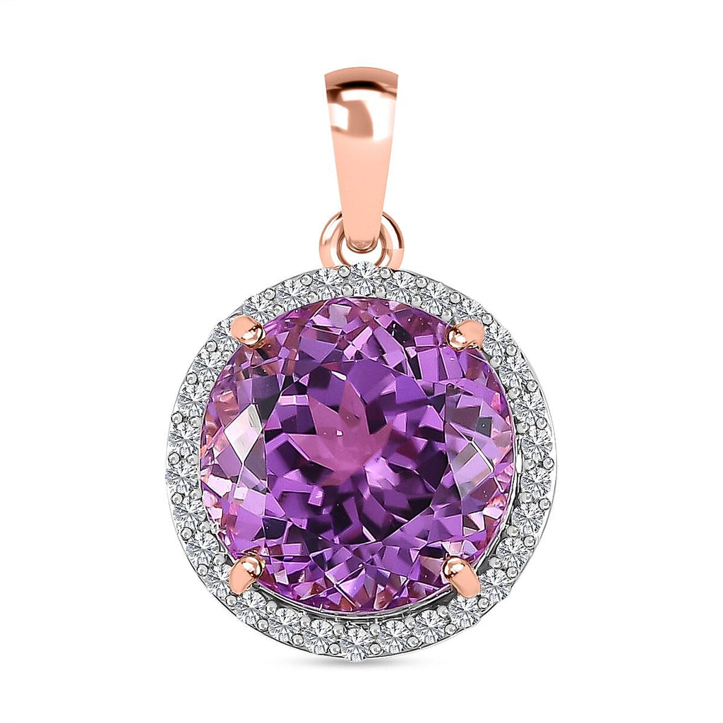 14K Rose Gold AAA Patroke Kunzite (Rd 12.33 mm) & Diamond Pendant 12.07 Ct.