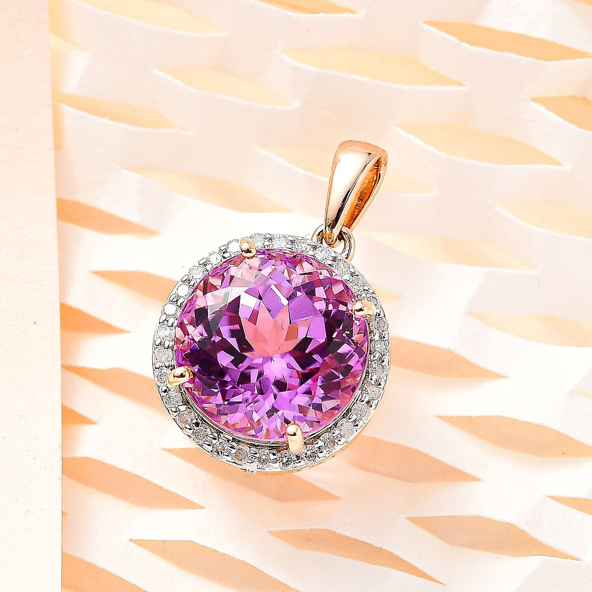 14K Rose Gold AAA Patroke Kunzite, White Diamond Halo Pendant 12.07 ct, Gold Wt. 2.64 Gms, 12.070 Ct. 7665222 2