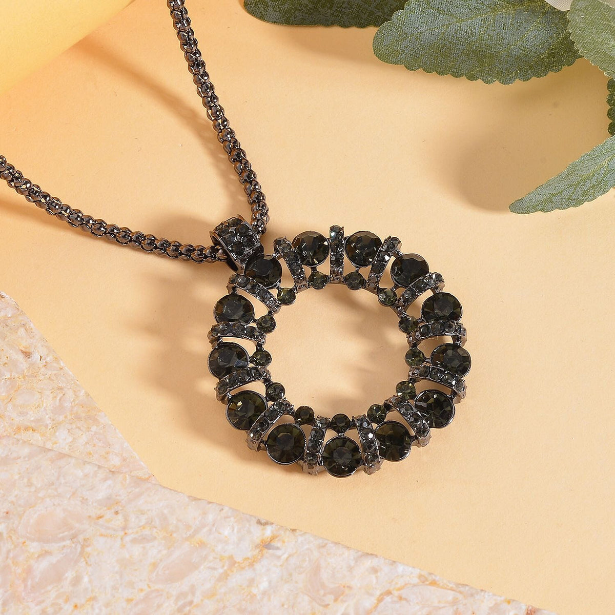 Green Austrian Crystal Circle Necklace (Size - 28) in Black Tone 7665806 2