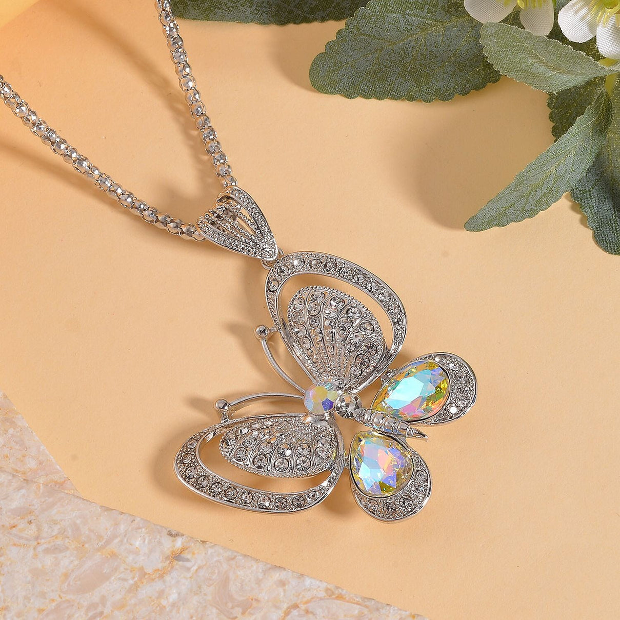 Simulated Mystic White Crystal &amp; Austrian White Crystal Butterfly Necklace (Size - 28) 7666479 2