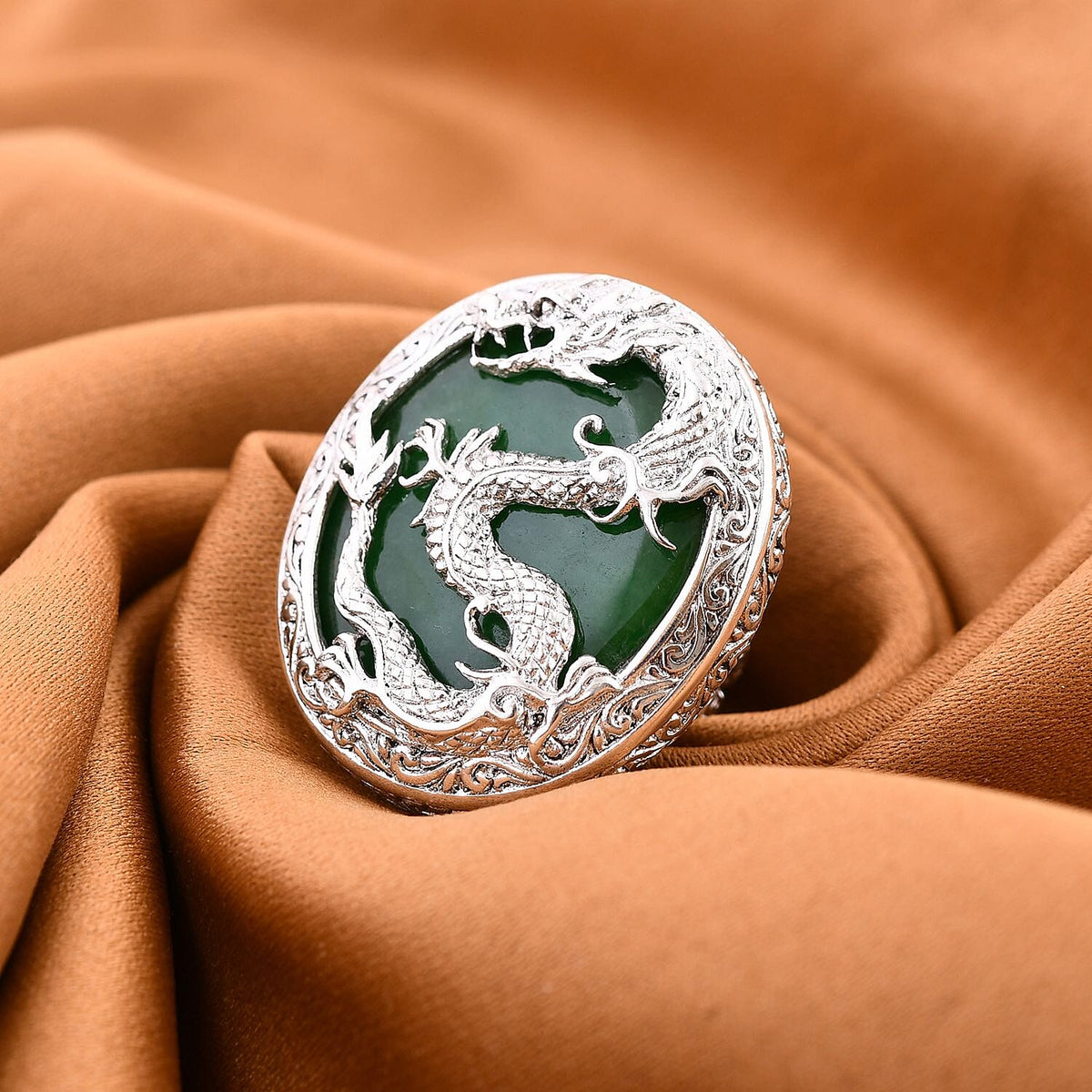 Royal Bali Collection - Green Jade Dragon Ring in Sterling Silver 20.00 Ct, Silver Wt. 14.47 Gms 7672558 1