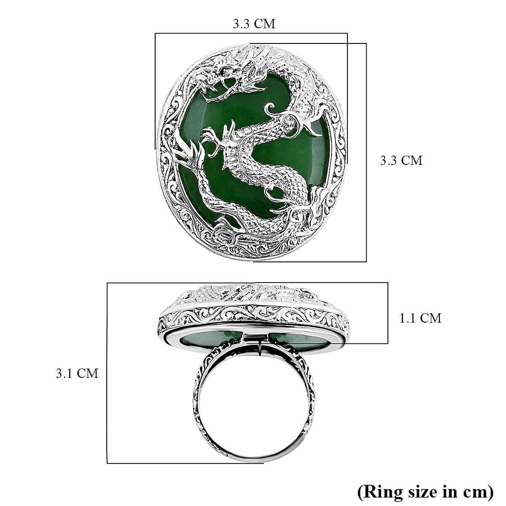 Royal Bali Collection - Artisan Crafted Green Jade Ring in Sterling Silver 20.00 Ct, Silver Wt. 14.47 Gms